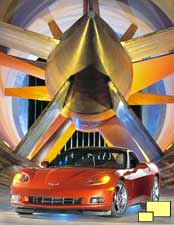 C6 Corvette poses inside of GM wind tunnel