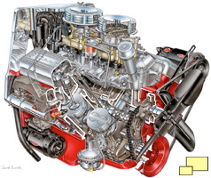 1956 Chevrolet Corvette Engine, 265 cubic inch, 225 HP engine  (RPO 469, $172.20).<br  />David Kimble illustration