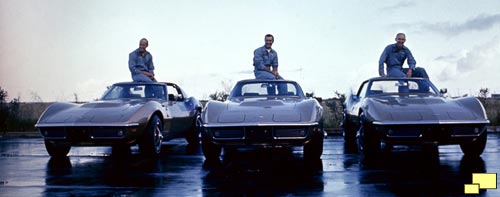 Apollo 12 astronauts (L-R) Charles 'Pete' Conrad Jr., Richard Francis Gordon Jr., and Alan LaVern Bean with their identical 1969 Corvette Stingray coupes.