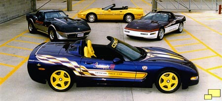 Front: 1998 Corvette C5 Indy 500 pace car replica; left: 1978 Indy 500 pace car; right: 1995 Indy 500 pace car replica; rear: 1986 Indy 500 pace car replica