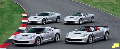 2015 Chevrolet Corvette lineup: (front) Z06 coupe and convertible; (rear) standard coupe and convertible