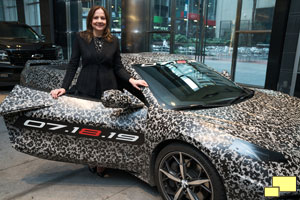 Mary Barra, GM CEO, with 2020 Camouflaged Corvette C8