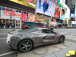 Chevrolet Corvette Chief Engineer Tadge Juechter and General Motors Chairman and CEO Mary Barra drive in a camouflaged next generation Corvette down 7th Avenue near Times Square Thursday, April 11, 2019 in New York, New York.