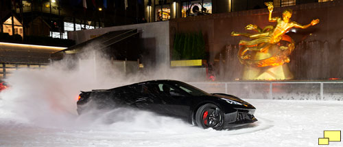 2024 Corvette E-Ray in Black performing maneuvers on The Rink at Rockefeller Center in New York City